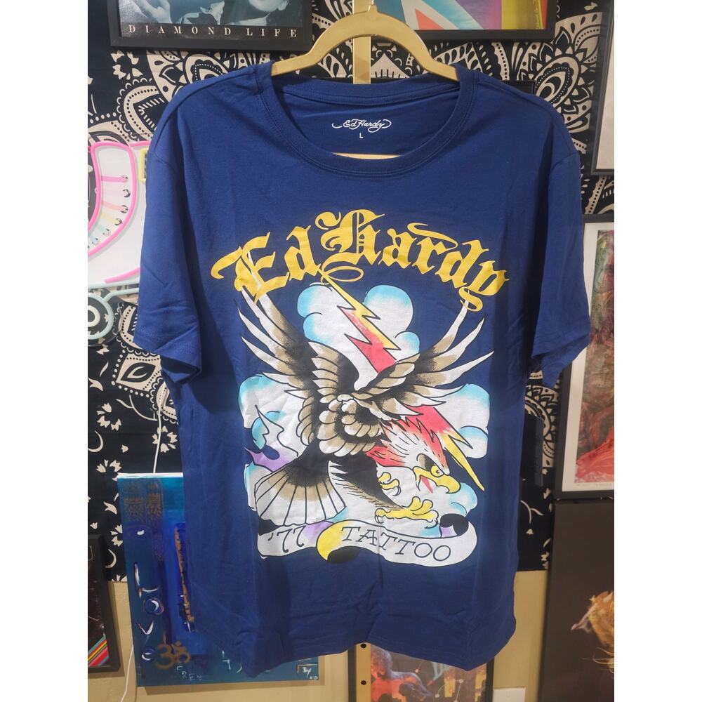 NWT Ed Hardy Lightning Eagle Tattoo Deadstock Streetwear Tee Navy Large